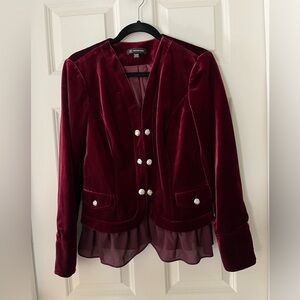 INC International Concepts Velvet Military Jacket Blazer collarless burgundy M
